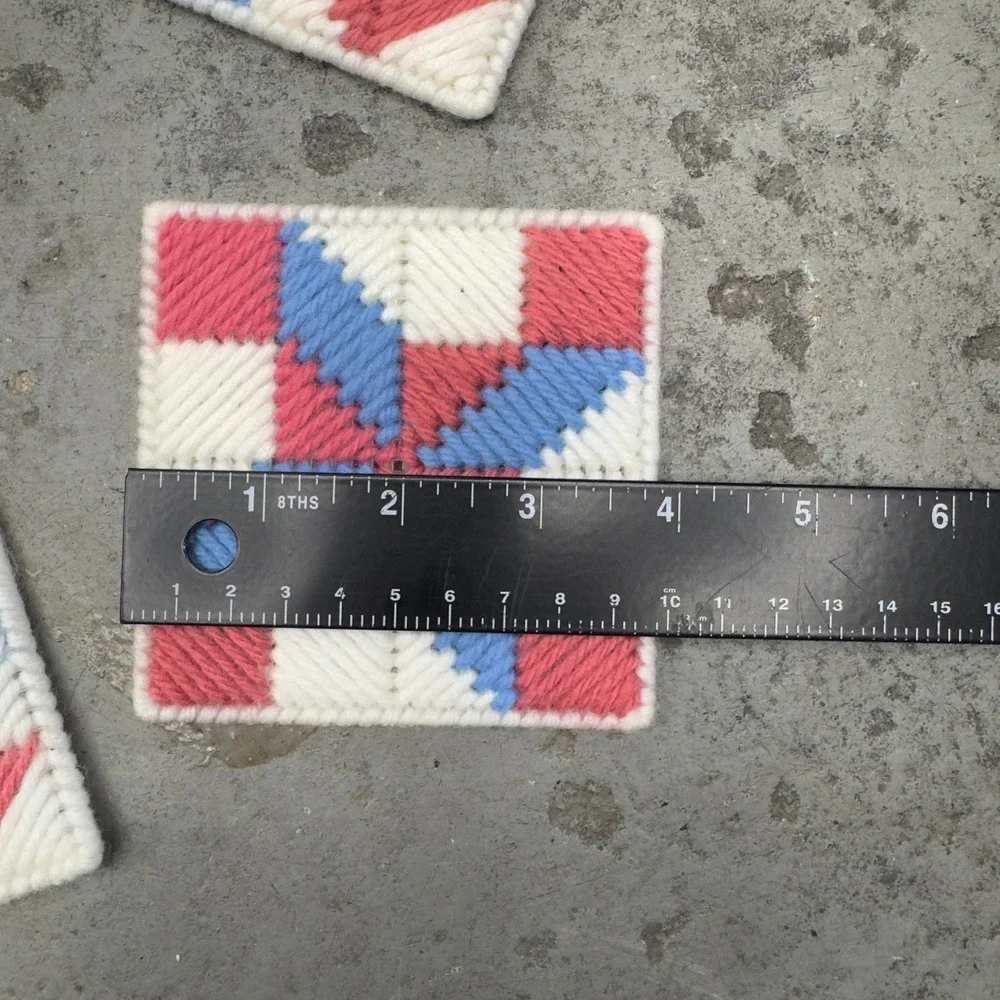 Vintage Handmade Plastic Canvas Coaster Set Quilt Pattern Red White Blue 5pc